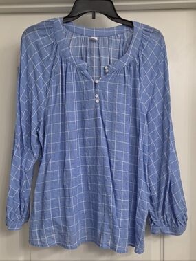 Old Navy Light Blue Windowpane Henley Peasant Blouse